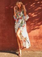 Oasap V Neck 3/4 Flare Sleeve Floral Print High Low Dress
