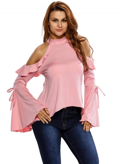 Oasap High Neck Off Shoulder Flare Sleeve Solid Tops
