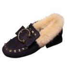 Oasap Square Toe Faux Fur Flat Heels Rivet Warm Shoes