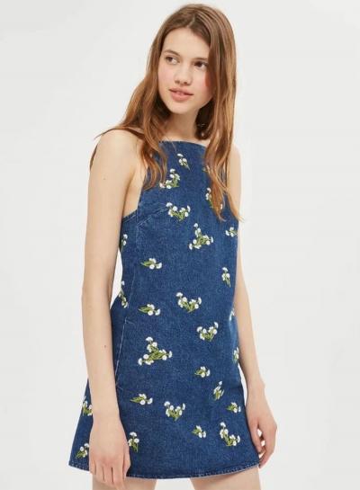 Oasap Fashion Spaghetti Strap Sleeve Floral Embroidery Denim Dress