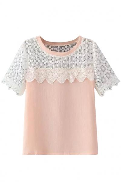 Oasap Sweet Lace Paneled Short Sleeve Blouse