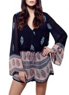Oasap National Wind Print V Neck Drawstring Waist Chiffon Romper
