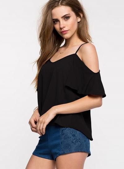 Oasap Spaghetti Strap Off Shoulder Ruffle Sleeve Solid Chiffon Blouse