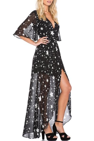 Oasap Fashion Women Pentagram Print High Slit Chiffon Dress