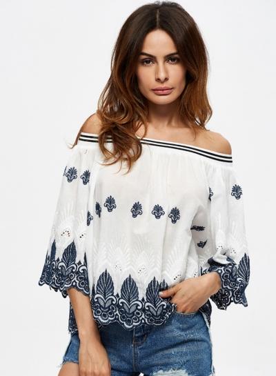 Oasap Half Sleeve Slash Neck Embroidery Blouse