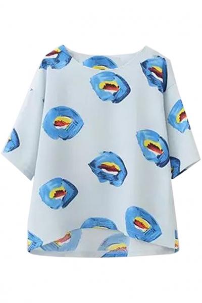 Oasap Sexy Lips Pattern Chiffon Blouse