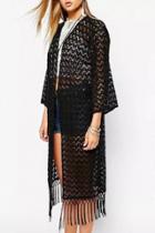 Oasap Hollow Out Fringed Long Cardigan