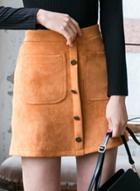 Oasap Solid Patch Pocket Button Up Suede Skirt