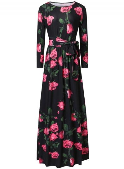 Oasap Rose Printed Long Sleeve Maxi Dress
