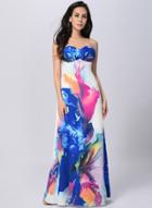 Oasap Strapless Painting Printed Maxi Dress