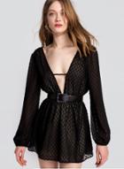 Oasap Deep V Neck Long Sleeve Backless Sheer Mini Dress