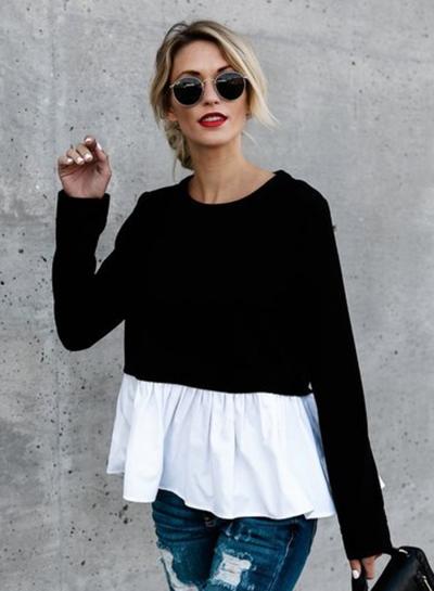 Oasap Long Sleeve Color Block Round Neck Tee Shirt