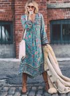 Oasap Floral Long Sleeve Loose Fit Maxi Dress