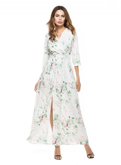 Oasap V Neck Lace Panel Floral Print Maxi Dress