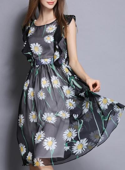 Oasap Women's Daisy Graphic Mesh Trim Flounce Paneled Dress