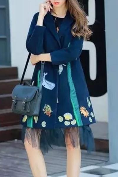 Oasap Modern Notch Lapel Mesh Paneled Embroidery Coat