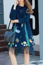 Oasap Modern Notch Lapel Mesh Paneled Embroidery Coat