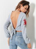 Oasap Round Neck Long Sleeve Floral Embroidery Crop Top Pullover