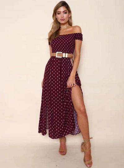Oasap Casaul Off Shoulder Short Sleeve Floral Slit Maxi Dress
