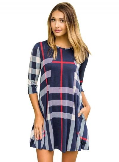 Oasap Round Neck Three Quarter Length Sleeve Plaid Mini Dress