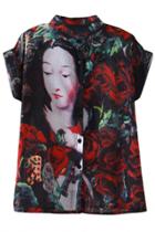 Oasap Baroque Beauty-rose Print Short Sleeve Shirt