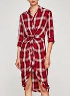 Oasap Turn Down Collar Three Quarter Length Sleeve Plaid Dresses