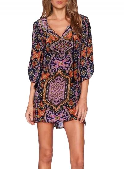 Oasap Women's Vintage Print Tie Neck 3/4 Sleeve Shift Casual Dress