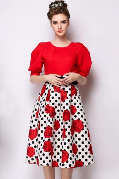 Oasap Red Rose Floral Dotted Print Pleated Swing Skirt