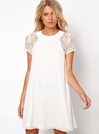 Oasap Short Sleeve Solid Lace Chiffon Dress