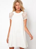 Oasap Short Sleeve Solid Lace Chiffon Dress