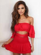 Oasap Slash Neck Off Shoulder Crop Top Skirt Set