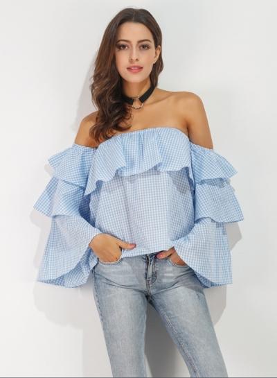 Oasap Slash Neck Flounce Sleeve Loose Plaid Blouse