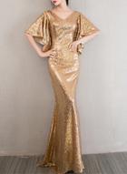 Oasap Elegant V Neck Backless Sequins Maxi Mermaid Evening Dress