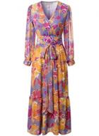 Oasap Floral Printed V Neck Long Sleeve Maxi Chiffon Dress With Belt