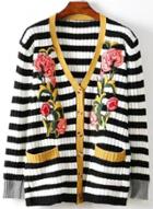 Oasap Fashion Floral Embroidery Stripped Knit Cardigan