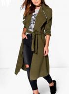 Oasap Turn Down Collar Solid Color Coat With Belt