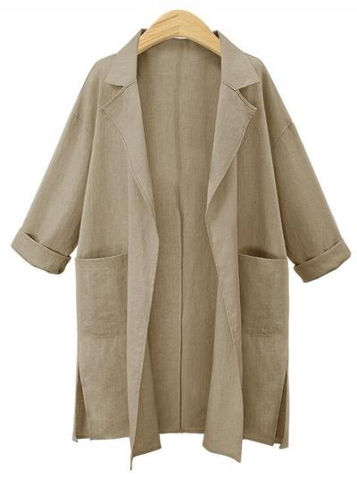 Oasap Long Sleeve Turn-down Collar Solid Color Trench Coat With Pocket