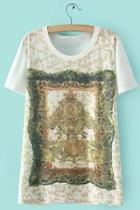 Oasap Women Vintage Print Short Sleeve Loose Fit Knit Tee