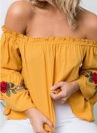 Oasap Fashion Off Shoulder Floral Embroidery Loose Fit Blouse