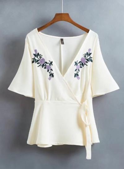 Oasap V Neck Flare Sleeve Floral Embroidery Chiffon Blouse