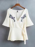 Oasap V Neck Flare Sleeve Floral Embroidery Chiffon Blouse