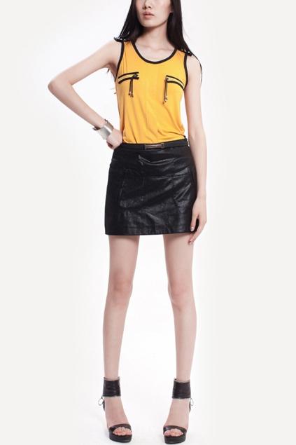Oasap Black Leather Joint Knit Mini Skirt