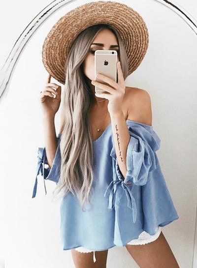 Oasap Off The Shoulder Solid Long Sleeve Loose Blouse