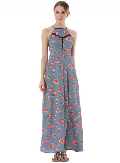 Oasap Bohemian Halter Backless Floral Printed Maxi Beach Dress
