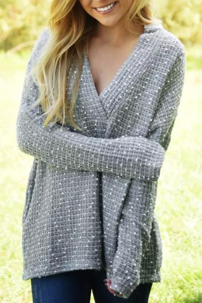 Oasap Ash Deep V Jacquard Batwing Sleeve Pullover Sweater