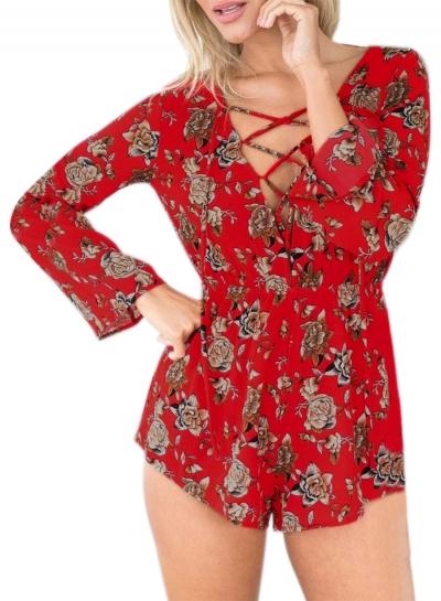 Oasap Women's Floral Print Lace-up Front Flare Sleeve Romper