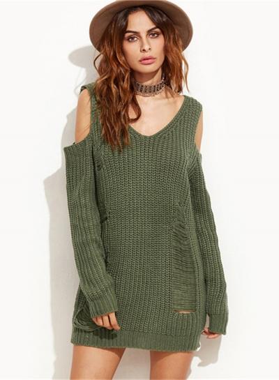 Oasap V Neck Long Sleeve Off Shoulder Broken Hole Sweater