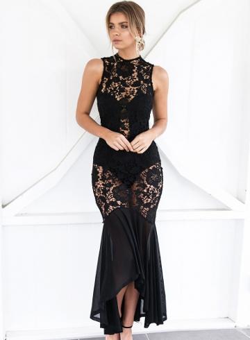 Oasap Hollowed Lace Block Fish Tail Prom Maxi Dress