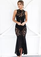 Oasap Hollowed Lace Block Fish Tail Prom Maxi Dress