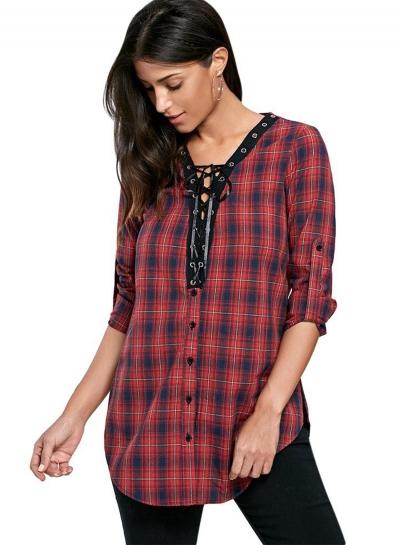 Oasap V Neck Lace-up Plaid Long Sleeve Blouse